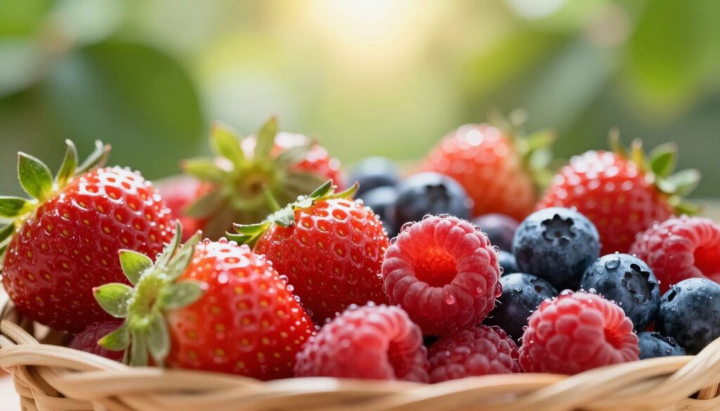A close-up view of a vibrant assortment of low-calorie fruits such as strawberries, raspberries, and blueberries, artfully arranged in a woven basket. The foreground features the glistening fruits with droplets of water, showcasing their freshness and texture. The middle layer includes a soft, blurred background of lush green leaves and sunlight filtering through, creating a serene and inviting atmosphere. The lighting is warm and natural, invoking a sense of health and vitality. The focus should be sharp on the fruits, with a shallow depth of field creating a dreamy effect in the background. The overall mood is bright and energizing, reflecting the essence of choosing healthy, fiber-rich foods.