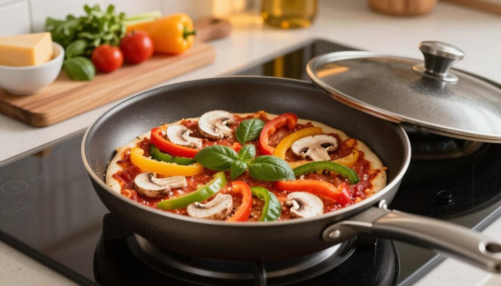 A close-up view of a well-seasoned, non-stick frying pan on a modern stovetop, with the pan filled with vibrant ingredients for a pizza. Various toppings like rich tomato sauce, colorful bell peppers, sliced mushrooms, and fresh basil are arranged artistically. A matching lid sits beside the pan, emphasizing the cooking method. Soft, warm lighting casts a cozy glow over the scene, enhancing the colors of the ingredients. In the background, a wooden cutting board with neatly organized ingredients and a small bowl of cheese adds depth to the composition. The atmosphere is inviting, suggesting a homey kitchen setting. The camera angle is slightly elevated, focusing on the pan, with a shallow depth of field blurring the background slightly. A close-up view of a well-seasoned, non-stick frying pan on a modern stovetop, with the pan filled with vibrant ingredients for a pizza. Various toppings like rich tomato sauce, colorful bell peppers, sliced mushrooms, and fresh basil are arranged artistically. A matching lid sits beside the pan, emphasizing the cooking method. Soft, warm lighting casts a cozy glow over the scene, enhancing the colors of the ingredients. In the background, a wooden cutting board with neatly organized ingredients and a small bowl of cheese adds depth to the composition. The atmosphere is inviting, suggesting a homey kitchen setting. The camera angle is slightly elevated, focusing on the pan, with a shallow depth of field blurring the background slightly.