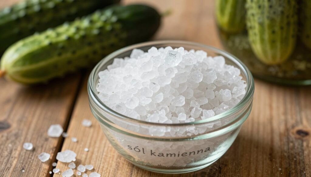 A close-up view of coarse sea salt, known as "sól kamienna," displayed in an elegant glass jar on a rustic wooden table. The salt crystals should glisten under soft natural lighting, highlighting their texture and purity. In the background, blurred out, there are fresh cucumbers and a traditional pickling jar to suggest their use in pickling. The scene conveys a warm and inviting atmosphere, hinting at homemade goodness. The angle should be slightly overhead, capturing the details of the salt while giving a subtle glimpse of the cucumbers and jar. Overall, the composition should evoke a sense of quality and care in choosing ingredients for pickling. A close-up view of coarse sea salt, known as "sól kamienna," displayed in an elegant glass jar on a rustic wooden table. The salt crystals should glisten under soft natural lighting, highlighting their texture and purity. In the background, blurred out, there are fresh cucumbers and a traditional pickling jar to suggest their use in pickling. The scene conveys a warm and inviting atmosphere, hinting at homemade goodness. The angle should be slightly overhead, capturing the details of the salt while giving a subtle glimpse of the cucumbers and jar. Overall, the composition should evoke a sense of quality and care in choosing ingredients for pickling.