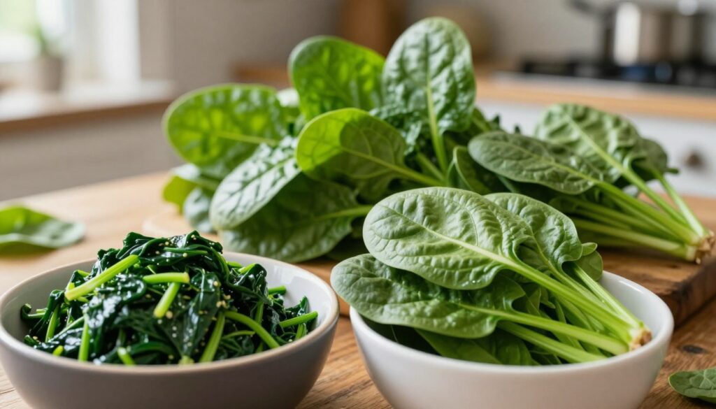 A close-up view of fresh spinach leaves, highlighting their vibrant green color and slightly glossy texture, arranged artfully on a rustic wooden surface. In the foreground, there are two bowls: one filled with sautéed spinach displaying a tender yet slightly wilted consistency, and another with raw spinach showcasing its crispness. Soft natural light filters in from the left, casting gentle shadows and enhancing the details of the leaves. In the background, a blurred kitchen scene with cooking utensils and a cutting board hints at a culinary setting. The overall mood is inviting and fresh, conveying the idea of preparing spinach perfectly for different dishes. The image should evoke a sense of delicious simplicity and the joy of cooking. A close-up view of fresh spinach leaves, highlighting their vibrant green color and slightly glossy texture, arranged artfully on a rustic wooden surface. In the foreground, there are two bowls: one filled with sautéed spinach displaying a tender yet slightly wilted consistency, and another with raw spinach showcasing its crispness. Soft natural light filters in from the left, casting gentle shadows and enhancing the details of the leaves. In the background, a blurred kitchen scene with cooking utensils and a cutting board hints at a culinary setting. The overall mood is inviting and fresh, conveying the idea of preparing spinach perfectly for different dishes. The image should evoke a sense of delicious simplicity and the joy of cooking.