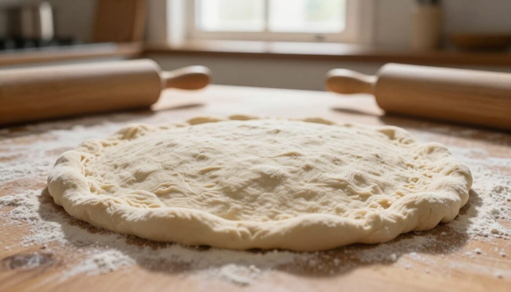 A close-up view of pizza dough that hasn't risen, showcasing its dense, matte surface. The dough is round and slightly irregular, resting on a floured wooden surface. In the background, a bright and rustic kitchen, with warm sunlight streaming through a window, illuminating the scene and creating soft shadows. The foreground features a beautiful high-contrast lighting that highlights the texture of the dough. Tools like a rolling pin and flour are subtly placed around to suggest the process of shaping the pizza. Overall, the atmosphere is warm and inviting, evoking a sense of home-cooked comfort, with an emphasis on the technique of baking at high temperatures to perfect the crust.