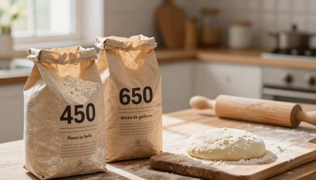 A close-up view of two bags of pizza flour, one labeled "450" and the other "650," positioned prominently in the foreground. The bags are made of rustic paper with simple, elegant designs, showcasing the flour’s texture around them. In the middle ground, a wooden board covered with freshly made pizza dough, illustrating the differences in dough quality, with one side smooth and elastic, the other slightly coarse. In the background, a blurred kitchen setting with warm, natural light filtering through a window, casting gentle shadows that enhance the inviting atmosphere of home baking. The overall mood is cozy and authentic, emphasizing the art of pizza-making and the comparison of flour types in dough structure. A close-up view of two bags of pizza flour, one labeled "450" and the other "650," positioned prominently in the foreground. The bags are made of rustic paper with simple, elegant designs, showcasing the flour’s texture around them. In the middle ground, a wooden board covered with freshly made pizza dough, illustrating the differences in dough quality, with one side smooth and elastic, the other slightly coarse. In the background, a blurred kitchen setting with warm, natural light filtering through a window, casting gentle shadows that enhance the inviting atmosphere of home baking. The overall mood is cozy and authentic, emphasizing the art of pizza-making and the comparison of flour types in dough structure.