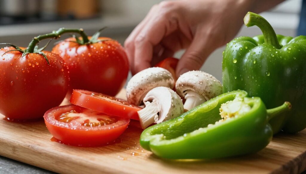A close-up view of wet vegetables ideal for pizza toppings, including bright red tomatoes and fresh mushrooms glistening with moisture. The foreground features a wooden cutting board with sliced tomatoes, tops off mushrooms, and vibrant green bell peppers, showcasing droplets of water reflecting light. In the middle, a hand, perhaps gloved, arranges these ingredients, emphasizing freshness. The background is slightly blurred, hinting at an inviting kitchen setting with soft, warm lighting that enhances the colors of the veggies. The atmosphere is rustic and homey, suggesting a focus on quality and attention to detail in pizza preparation. A close-up view of wet vegetables ideal for pizza toppings, including bright red tomatoes and fresh mushrooms glistening with moisture. The foreground features a wooden cutting board with sliced tomatoes, tops off mushrooms, and vibrant green bell peppers, showcasing droplets of water reflecting light. In the middle, a hand, perhaps gloved, arranges these ingredients, emphasizing freshness. The background is slightly blurred, hinting at an inviting kitchen setting with soft, warm lighting that enhances the colors of the veggies. The atmosphere is rustic and homey, suggesting a focus on quality and attention to detail in pizza preparation.