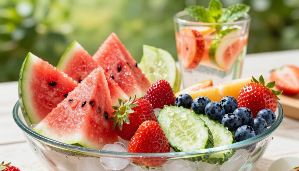 A colorful assortment of low-calorie fruits, including watermelon, strawberries, cucumber, and blueberries, artistically arranged in a large glass bowl filled with ice to emphasize hydration. The foreground features droplets of water glistening on the fruits, creating a fresh and appetizing look. In the middle ground, a clear glass of refreshing fruit-infused water sits nearby, garnished with mint leaves and fruit slices for added appeal. The background includes a sunlit outdoor setting with lush greenery, conveying a vibrant summer atmosphere. Soft, natural lighting highlights the textures and colors of the fruits, creating a bright, inviting mood. Capture this scene from a slightly elevated angle to enhance depth and showcase the fruit arrangement beautifully.