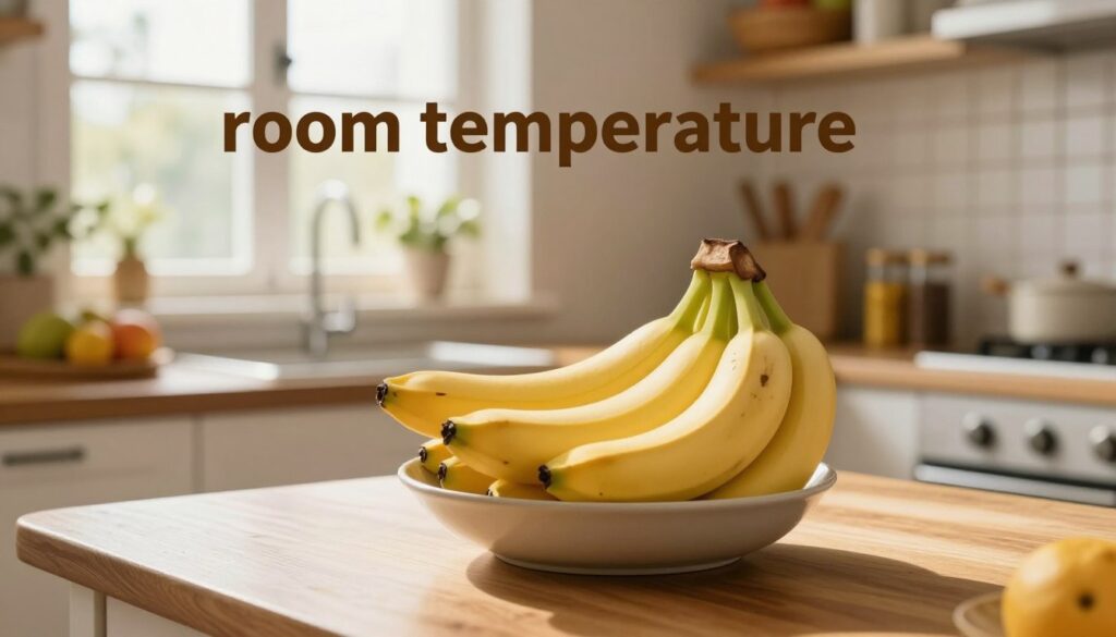 A cozy domestic kitchen scene illustrating the concept of "room temperature" as ideal for banana storage. In the foreground, a beautifully arranged bowl of ripe yellow bananas sits on a wooden kitchen table, showcasing their freshness. The middle ground features a warm, sunlit window, with soft, natural light pouring in and casting gentle shadows. On the countertop, there are hints of other fruits and a small plant, adding to the homely atmosphere. The background includes slightly blurred kitchen elements, such as spice jars and a hanging fruit basket, emphasizing the importance of an inviting environment. The overall mood is warm and nurturing, suggesting the right conditions for storing bananas effectively. Use a soft focus lens to create an inviting atmosphere, highlighting the vibrant colors and textures. A cozy domestic kitchen scene illustrating the concept of "room temperature" as ideal for banana storage. In the foreground, a beautifully arranged bowl of ripe yellow bananas sits on a wooden kitchen table, showcasing their freshness. The middle ground features a warm, sunlit window, with soft, natural light pouring in and casting gentle shadows. On the countertop, there are hints of other fruits and a small plant, adding to the homely atmosphere. The background includes slightly blurred kitchen elements, such as spice jars and a hanging fruit basket, emphasizing the importance of an inviting environment. The overall mood is warm and nurturing, suggesting the right conditions for storing bananas effectively. Use a soft focus lens to create an inviting atmosphere, highlighting the vibrant colors and textures.
