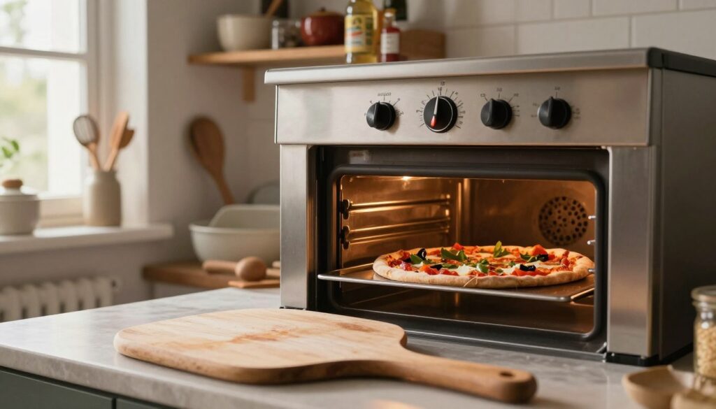 A cozy domestic kitchen scene showcasing a traditional oven with a pizza baking inside. In the foreground, a classic wooden pizza peel rests on the counter, and a pizza with vibrant toppings is shown halfway inside the oven's glowing interior. The oven temperature dial prominently displays the ideal settings for baking pizza, highlighting both thin and thick crusts. Soft, warm lighting enhances the inviting atmosphere, while natural sunlight filters through a nearby window. In the background, shelves filled with cooking utensils and Italian ingredients evoke a homey feel. The scene captures the delicious anticipation of pizza-making, emphasizing the heart of home cooking.
