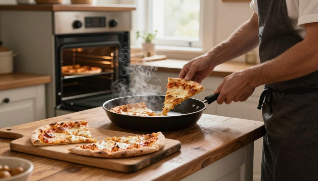 A cozy kitchen scene featuring a chef in casual attire, skillfully reheating pizza slices on a frying pan. In the foreground, the pan sizzles with golden crusts, emitting a slight steam. On a rustic wooden countertop, there are two more pizza slices resting on a wooden cutting board, perfectly arranged for optimal reheating. The middle ground showcases an oven with its door opened, hinting at a second method of reheating. The background includes a bright window allowing natural light to flood the space, enhancing the warmth of the environment. The overall atmosphere is inviting and homey, emphasizing the delightful process of preparing to enjoy pizza again. The lighting is soft and warm, enriching the inviting tones of the kitchen. A cozy kitchen scene featuring a chef in casual attire, skillfully reheating pizza slices on a frying pan. In the foreground, the pan sizzles with golden crusts, emitting a slight steam. On a rustic wooden countertop, there are two more pizza slices resting on a wooden cutting board, perfectly arranged for optimal reheating. The middle ground showcases an oven with its door opened, hinting at a second method of reheating. The background includes a bright window allowing natural light to flood the space, enhancing the warmth of the environment. The overall atmosphere is inviting and homey, emphasizing the delightful process of preparing to enjoy pizza again. The lighting is soft and warm, enriching the inviting tones of the kitchen.