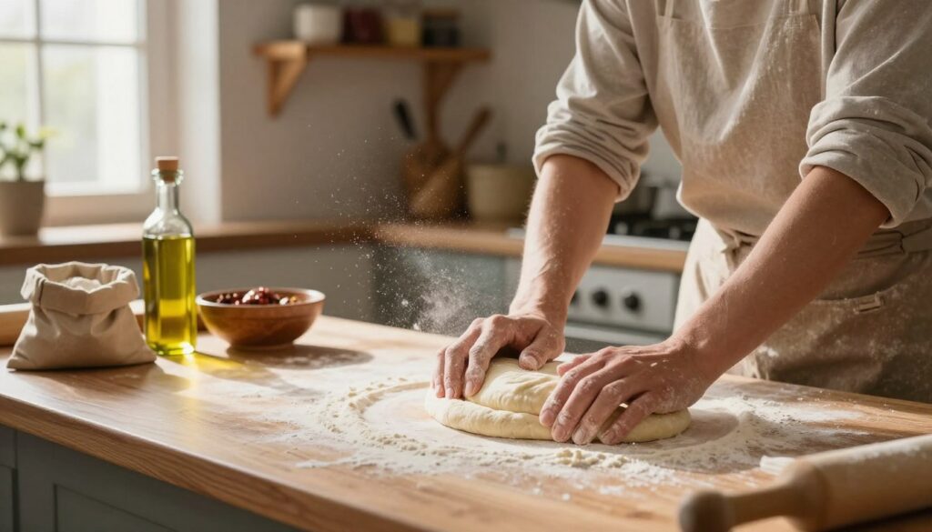 A cozy kitchen scene featuring a focused individual with modest casual clothing, kneading pizza dough on a wooden countertop. In the foreground, hands are immersed in a smooth, elastic dough, showcasing the tactile process of gluten development. Flour dust dances in the warm sunlight streaming through a nearby window, illuminating the texture of the dough. In the middle ground, bowls of fresh ingredients like olive oil, and a small sack of flour add elements of preparation. The background reveals rustic kitchen shelves, adorned with spices and cooking tools, enhancing the homey atmosphere. The overall mood is inviting and warm, emphasizing the artistry of hand-making pizza dough. Use soft, natural lighting to evoke a sense of comfort and creativity. A cozy kitchen scene featuring a focused individual with modest casual clothing, kneading pizza dough on a wooden countertop. In the foreground, hands are immersed in a smooth, elastic dough, showcasing the tactile process of gluten development. Flour dust dances in the warm sunlight streaming through a nearby window, illuminating the texture of the dough. In the middle ground, bowls of fresh ingredients like olive oil, and a small sack of flour add elements of preparation. The background reveals rustic kitchen shelves, adorned with spices and cooking tools, enhancing the homey atmosphere. The overall mood is inviting and warm, emphasizing the artistry of hand-making pizza dough. Use soft, natural lighting to evoke a sense of comfort and creativity.