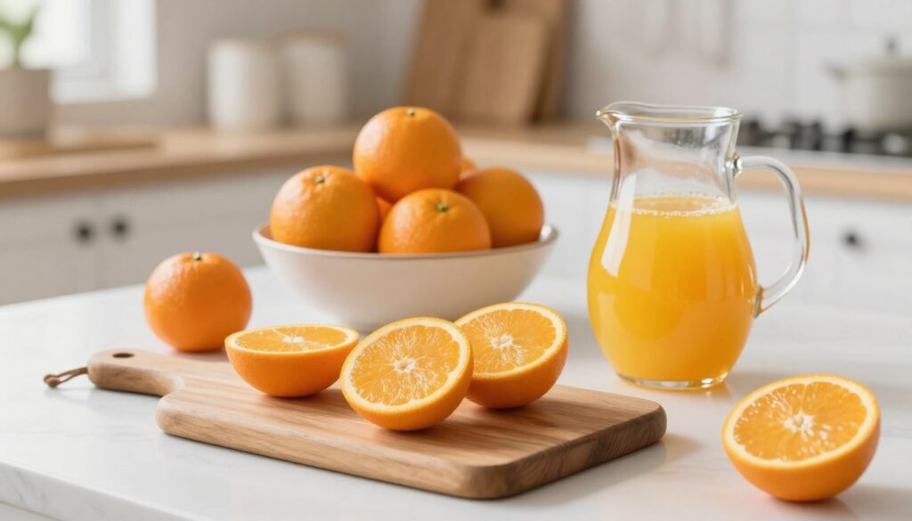 A cozy kitchen scene featuring vibrant, fresh mandarin oranges in various arrangements. In the foreground, a rustic wooden cutting board holds a few halved mandarin oranges, showing their juicy, bright orange flesh. Nearby, a glass pitcher filled with refreshing mandarin juice glimmers in the soft natural light. In the middle ground, an aesthetically pleasing fruit bowl is filled with whole mandarins, complementing the kitchen’s warm color palette of soft yellows and whites. The background reveals white cabinets and tasteful kitchen utensils, creating a welcoming atmosphere. The lighting is bright yet soft, evoking a cheerful and healthy vibe, ideal for exploring light dishes and snacks made from mandarins. The angle is slightly elevated, showcasing both the fruit details and the kitchen setting harmoniously. A cozy kitchen scene featuring vibrant, fresh mandarin oranges in various arrangements. In the foreground, a rustic wooden cutting board holds a few halved mandarin oranges, showing their juicy, bright orange flesh. Nearby, a glass pitcher filled with refreshing mandarin juice glimmers in the soft natural light. In the middle ground, an aesthetically pleasing fruit bowl is filled with whole mandarins, complementing the kitchen’s warm color palette of soft yellows and whites. The background reveals white cabinets and tasteful kitchen utensils, creating a welcoming atmosphere. The lighting is bright yet soft, evoking a cheerful and healthy vibe, ideal for exploring light dishes and snacks made from mandarins. The angle is slightly elevated, showcasing both the fruit details and the kitchen setting harmoniously.