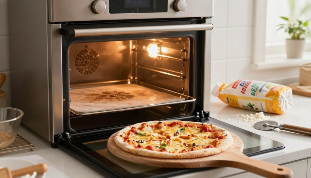 A cozy kitchen scene focused on a modern oven, the interior glowing warmly as a pizza bakes on a stone baking surface. In the foreground, a perfectly stretched and topped pizza is positioned on a wooden peel, ready to enter the oven. The middle ground features the oven door slightly ajar, revealing the vibrant colors of melting cheese and golden crust. A few kitchen accessories like a pizza cutter and flour bag are scattered around, adding a homey feel. In the background, soft, diffused natural light filters in from a window, creating an inviting atmosphere. The image captures the essence of baking, with a focus on the textures of the crust and the warmth of the kitchen, evoking a sense of culinary delight. A cozy kitchen scene focused on a modern oven, the interior glowing warmly as a pizza bakes on a stone baking surface. In the foreground, a perfectly stretched and topped pizza is positioned on a wooden peel, ready to enter the oven. The middle ground features the oven door slightly ajar, revealing the vibrant colors of melting cheese and golden crust. A few kitchen accessories like a pizza cutter and flour bag are scattered around, adding a homey feel. In the background, soft, diffused natural light filters in from a window, creating an inviting atmosphere. The image captures the essence of baking, with a focus on the textures of the crust and the warmth of the kitchen, evoking a sense of culinary delight.