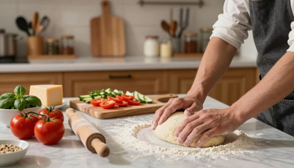 A cozy kitchen scene focused on the preparation of pizza dough, emphasizing a well-organized workspace. In the foreground, a marble countertop is dusted with flour, with hands gently kneading a soft, elastic dough ball. A rolling pin rests nearby, while fresh ingredients like ripe tomatoes, aromatic basil, and a block of cheese stand ready in bowls. In the middle, a wooden cutting board showcases chopped vegetables for toppings, casting soft shadows. The background features wooden cabinets with subtle open shelves displaying various kitchen tools and jars. Soft, warm lighting creates an inviting atmosphere, highlighting the textures of the dough and the gleam of kitchen utensils. Capture a professional yet homey feel, with a focus on the art of pizza making. A cozy kitchen scene focused on the preparation of pizza dough, emphasizing a well-organized workspace. In the foreground, a marble countertop is dusted with flour, with hands gently kneading a soft, elastic dough ball. A rolling pin rests nearby, while fresh ingredients like ripe tomatoes, aromatic basil, and a block of cheese stand ready in bowls. In the middle, a wooden cutting board showcases chopped vegetables for toppings, casting soft shadows. The background features wooden cabinets with subtle open shelves displaying various kitchen tools and jars. Soft, warm lighting creates an inviting atmosphere, highlighting the textures of the dough and the gleam of kitchen utensils. Capture a professional yet homey feel, with a focus on the art of pizza making.