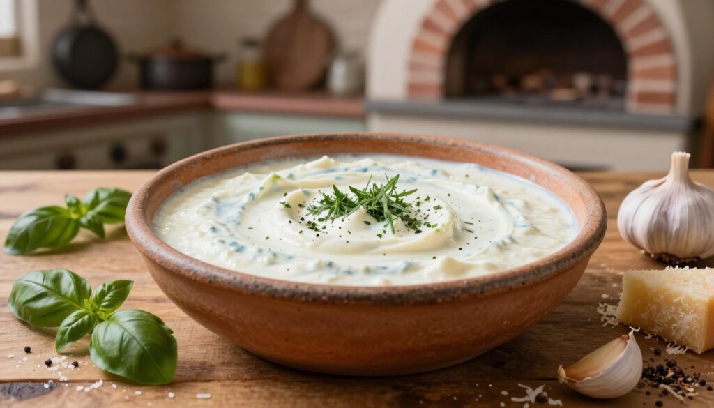 A creamy white pizza sauce made with fresh sour cream, garlic, and herbs, elegantly displayed in a rustic ceramic bowl. The bowl sits on a rustic wooden kitchen table, surrounded by fresh ingredients like basil, grated Parmesan cheese, and a sprinkle of cracked black pepper. In the background, softly blurred, there are hints of a traditional Italian kitchen with a brick oven and iron pots hanging. The lighting is warm and inviting, creating a cozy atmosphere reminiscent of a bustling Italian pizzeria. The composition is shot from a slightly elevated angle, capturing the rich texture of the sauce and the vibrant colors of the ingredients, evoking a sense of culinary delight and inspiration. A creamy white pizza sauce made with fresh sour cream, garlic, and herbs, elegantly displayed in a rustic ceramic bowl. The bowl sits on a rustic wooden kitchen table, surrounded by fresh ingredients like basil, grated Parmesan cheese, and a sprinkle of cracked black pepper. In the background, softly blurred, there are hints of a traditional Italian kitchen with a brick oven and iron pots hanging. The lighting is warm and inviting, creating a cozy atmosphere reminiscent of a bustling Italian pizzeria. The composition is shot from a slightly elevated angle, capturing the rich texture of the sauce and the vibrant colors of the ingredients, evoking a sense of culinary delight and inspiration.
