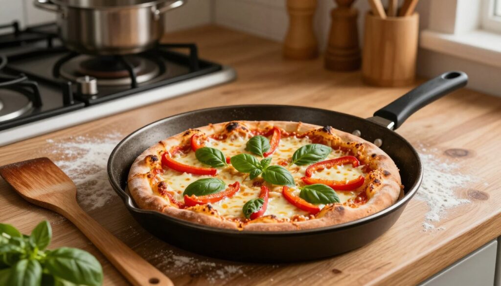 A delicious, freshly made pizza on a skillet, showcasing a golden-brown crispy crust and colorful toppings like red bell peppers, green basil, and melted cheese bubbling over. The scene is set in a cozy kitchen with warm, soft lighting highlighting the textures of the ingredients. In the foreground, the skillet is centrally positioned, surrounded by a wooden spatula and fresh herbs, while the middle ground features a rustic wooden countertop adorned with a flour dusting. In the background, a stove and neatly arranged cooking utensils create a homey atmosphere. The image conveys the warmth of home cooking and the joy of making pizza, inviting and appetizing. A delicious, freshly made pizza on a skillet, showcasing a golden-brown crispy crust and colorful toppings like red bell peppers, green basil, and melted cheese bubbling over. The scene is set in a cozy kitchen with warm, soft lighting highlighting the textures of the ingredients. In the foreground, the skillet is centrally positioned, surrounded by a wooden spatula and fresh herbs, while the middle ground features a rustic wooden countertop adorned with a flour dusting. In the background, a stove and neatly arranged cooking utensils create a homey atmosphere. The image conveys the warmth of home cooking and the joy of making pizza, inviting and appetizing.