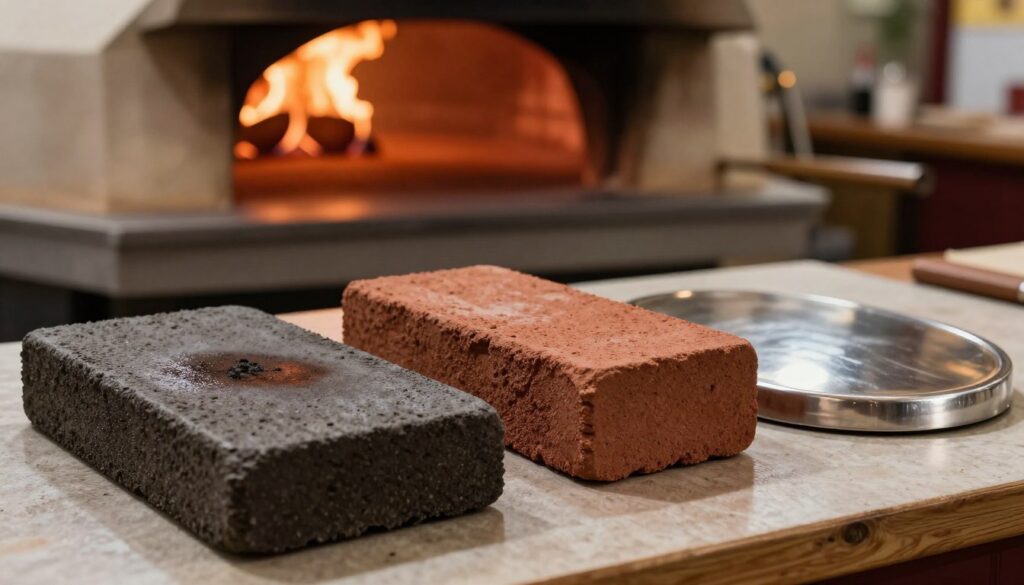 A detailed comparison image depicting three types of pizza stones: cordierite, firebrick, and steel. In the foreground, showcase a well-used cordierite stone with a slight sheen, emphasizing its heat-resilient texture, next to a robust, sturdy firebrick stone with a rustic appearance, and a sleek, polished steel pizza stone reflecting light. In the middle background, illustrate a wood-fired pizza oven with flames gently licking the stones, casting warm light over them. The atmosphere should be warm and inviting, suggesting a lively pizzeria. Use soft, natural lighting to highlight the textures of the stones, capturing the essence of high-temperature cooking. Ensure the image is vibrant and engaging, without any text or branding. A detailed comparison image depicting three types of pizza stones: cordierite, firebrick, and steel. In the foreground, showcase a well-used cordierite stone with a slight sheen, emphasizing its heat-resilient texture, next to a robust, sturdy firebrick stone with a rustic appearance, and a sleek, polished steel pizza stone reflecting light. In the middle background, illustrate a wood-fired pizza oven with flames gently licking the stones, casting warm light over them. The atmosphere should be warm and inviting, suggesting a lively pizzeria. Use soft, natural lighting to highlight the textures of the stones, capturing the essence of high-temperature cooking. Ensure the image is vibrant and engaging, without any text or branding.