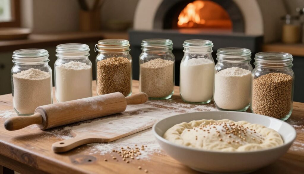 A diverse selection of pizza flours elegantly arranged on a rustic wooden table, showcasing different types such as 00, bread, and whole grain flours in clear glass jars. In the foreground, a large bowl of freshly mixed pizza dough, with soft focus on the grains capturing the texture. The middle ground features a rolling pin and a pizza peel, surrounded by scattered flour particles, illustrating the preparation process. In the background, the haze of a warm pizza oven glowing softly, creating an inviting atmosphere. The lighting is warm and inviting, casting gentle shadows that enhance the tactile qualities of the ingredients. The scene exudes a cozy, artisanal pizza-making mood, capturing the essence of culinary craftsmanship in a home kitchen environment. A diverse selection of pizza flours elegantly arranged on a rustic wooden table, showcasing different types such as 00, bread, and whole grain flours in clear glass jars. In the foreground, a large bowl of freshly mixed pizza dough, with soft focus on the grains capturing the texture. The middle ground features a rolling pin and a pizza peel, surrounded by scattered flour particles, illustrating the preparation process. In the background, the haze of a warm pizza oven glowing softly, creating an inviting atmosphere. The lighting is warm and inviting, casting gentle shadows that enhance the tactile qualities of the ingredients. The scene exudes a cozy, artisanal pizza-making mood, capturing the essence of culinary craftsmanship in a home kitchen environment.