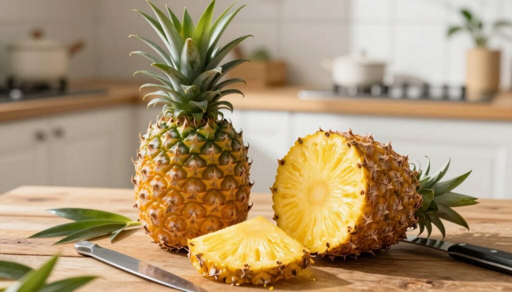 A fresh, ripe pineapple sitting on a rustic wooden table, showcasing its vibrant green crown and golden yellow skin. The foreground features a perfectly sliced section of the pineapple to reveal its juicy, succulent flesh, glistening under natural sunlight. In the middle, the whole pineapple is positioned casually beside a sharp knife, suggesting ease of peeling, with a few pineapple leaves scattered around to enhance the natural feel. The background captures a soft bokeh effect of a sunny kitchen, where light streams in through a window, creating a warm and inviting atmosphere. The image conveys freshness and the allure of tropical fruit, emphasizing the message of choosing the best pineapple for easy peeling and delightful taste. A fresh, ripe pineapple sitting on a rustic wooden table, showcasing its vibrant green crown and golden yellow skin. The foreground features a perfectly sliced section of the pineapple to reveal its juicy, succulent flesh, glistening under natural sunlight. In the middle, the whole pineapple is positioned casually beside a sharp knife, suggesting ease of peeling, with a few pineapple leaves scattered around to enhance the natural feel. The background captures a soft bokeh effect of a sunny kitchen, where light streams in through a window, creating a warm and inviting atmosphere. The image conveys freshness and the allure of tropical fruit, emphasizing the message of choosing the best pineapple for easy peeling and delightful taste.