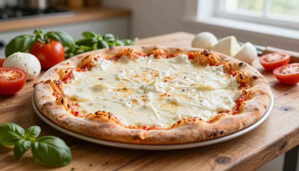 A freshly baked pizza on a rustic wooden table, topped with creamy, velvety white sauce artfully spread across the surface without overwhelming the crust. The focus is on the texture of the slightly golden crust, enhanced by the glistening sauce. Surrounding the pizza are vibrant, colorful fresh ingredients like chopped basil, ripe tomatoes, and slices of mozzarella, adding depth to the composition. Soft, natural lighting filters in from a nearby window, casting gentle shadows that enhance the image's warmth and inviting atmosphere. The background features a blurred kitchen setting, with hints of cooking utensils and herbs to evoke a cozy culinary environment. The scene conveys a sense of comfort and indulgence, perfect for showcasing the ideal balance of flavors. A freshly baked pizza on a rustic wooden table, topped with creamy, velvety white sauce artfully spread across the surface without overwhelming the crust. The focus is on the texture of the slightly golden crust, enhanced by the glistening sauce. Surrounding the pizza are vibrant, colorful fresh ingredients like chopped basil, ripe tomatoes, and slices of mozzarella, adding depth to the composition. Soft, natural lighting filters in from a nearby window, casting gentle shadows that enhance the image's warmth and inviting atmosphere. The background features a blurred kitchen setting, with hints of cooking utensils and herbs to evoke a cozy culinary environment. The scene conveys a sense of comfort and indulgence, perfect for showcasing the ideal balance of flavors.