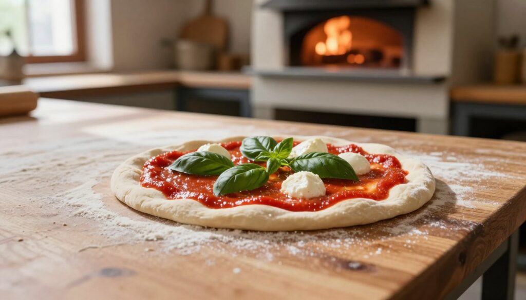 A freshly made pizza base placed on a wooden countertop, showcasing its perfect thickness and texture. The foreground features a slightly floured surface, highlighting the artisan craftsmanship of the dough being hand-formed. In the middle, the pizza base is partially topped with vibrant tomato sauce, visibly glistening, along with fresh basil leaves and mozzarella chunks, ready for baking. The background displays a rustic kitchen with a traditional oven glowing softly, suggesting warmth and inviting flavors. Soft, natural lighting streams in from a nearby window, casting gentle shadows and creating a cozy, homely atmosphere. The scene emphasizes the tactile experience of pizza-making, inviting viewers to appreciate the foundation of a pizzeria-style pizza. A freshly made pizza base placed on a wooden countertop, showcasing its perfect thickness and texture. The foreground features a slightly floured surface, highlighting the artisan craftsmanship of the dough being hand-formed. In the middle, the pizza base is partially topped with vibrant tomato sauce, visibly glistening, along with fresh basil leaves and mozzarella chunks, ready for baking. The background displays a rustic kitchen with a traditional oven glowing softly, suggesting warmth and inviting flavors. Soft, natural lighting streams in from a nearby window, casting gentle shadows and creating a cozy, homely atmosphere. The scene emphasizes the tactile experience of pizza-making, inviting viewers to appreciate the foundation of a pizzeria-style pizza.