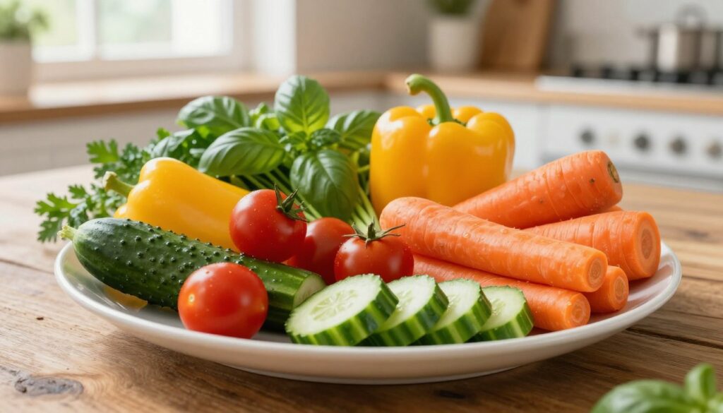 A meticulously arranged plate of fresh vegetables featuring a vibrant assortment of colors and textures. In the foreground, a bright green cucumber is sliced into rounds beside ruby-red cherry tomatoes, golden bell peppers, and deep orange carrots cut into sticks. The middle ground includes a rustic wooden table adorned with delicate, leafy herbs like basil and parsley, creating a fresh atmosphere. In the background, a soft-focus kitchen setting with light streaming through a window, casting warm, natural light, enhances the scene. The overall mood is inviting and healthy, perfect for promoting daily vegetable consumption, presented from a slightly elevated angle to showcase the freshness and variety of the vegetable portion. A meticulously arranged plate of fresh vegetables featuring a vibrant assortment of colors and textures. In the foreground, a bright green cucumber is sliced into rounds beside ruby-red cherry tomatoes, golden bell peppers, and deep orange carrots cut into sticks. The middle ground includes a rustic wooden table adorned with delicate, leafy herbs like basil and parsley, creating a fresh atmosphere. In the background, a soft-focus kitchen setting with light streaming through a window, casting warm, natural light, enhances the scene. The overall mood is inviting and healthy, perfect for promoting daily vegetable consumption, presented from a slightly elevated angle to showcase the freshness and variety of the vegetable portion.
