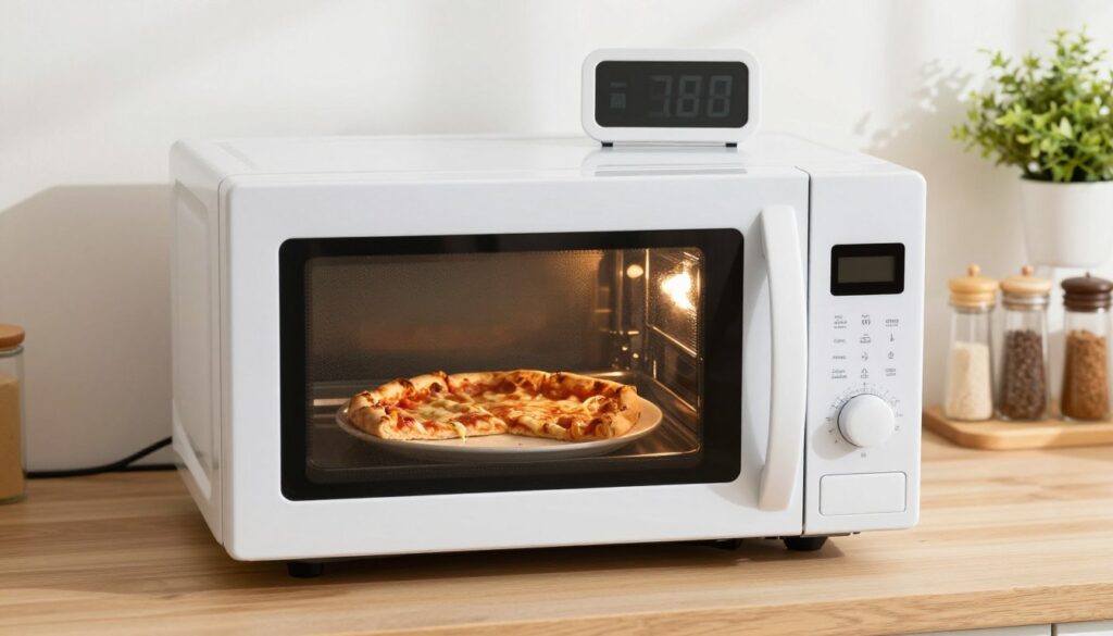 A microwave oven in a cozy kitchen setting, prominently displayed in the foreground. The door of the microwave is slightly ajar, revealing a perfectly reheated slice of pizza on a microwave-safe plate, looking golden and tempting. In the middle ground, a timer is set, emphasizing the convenience of microwaving. The kitchen is bright and inviting, with natural light streaming through a nearby window, creating soft shadows that enhance the warmth of the scene. A stylish spice rack and a potted plant can be seen in the background, contributing to a clean and organized atmosphere. The overall mood is friendly and homely, suggesting a quick, enjoyable cooking experience. A microwave oven in a cozy kitchen setting, prominently displayed in the foreground. The door of the microwave is slightly ajar, revealing a perfectly reheated slice of pizza on a microwave-safe plate, looking golden and tempting. In the middle ground, a timer is set, emphasizing the convenience of microwaving. The kitchen is bright and inviting, with natural light streaming through a nearby window, creating soft shadows that enhance the warmth of the scene. A stylish spice rack and a potted plant can be seen in the background, contributing to a clean and organized atmosphere. The overall mood is friendly and homely, suggesting a quick, enjoyable cooking experience.