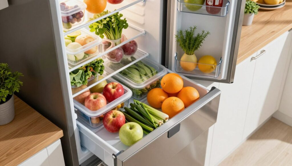 A modern kitchen interior featuring a refrigerator open to reveal a well-organized vegetable and fruit drawer. The refrigerator is stainless steel, sleek in design, with colorful fresh fruits like apples, oranges, and leafy greens visibly stored in clear containers to emphasize organization. The lighting is bright and inviting, highlighting the freshness of the produce while casting soft shadows for depth. In the background, a wooden countertop adds warmth, adorned with a few herbs in pots, suggesting a clean and tidy atmosphere. The image composition is dynamic, taken from a slightly elevated angle to showcase both the fridge interior and the countertop, creating a cozy and efficient storage environment for fruits and vegetables, reflecting principles of optimal temperature and humidity management. A modern kitchen interior featuring a refrigerator open to reveal a well-organized vegetable and fruit drawer. The refrigerator is stainless steel, sleek in design, with colorful fresh fruits like apples, oranges, and leafy greens visibly stored in clear containers to emphasize organization. The lighting is bright and inviting, highlighting the freshness of the produce while casting soft shadows for depth. In the background, a wooden countertop adds warmth, adorned with a few herbs in pots, suggesting a clean and tidy atmosphere. The image composition is dynamic, taken from a slightly elevated angle to showcase both the fridge interior and the countertop, creating a cozy and efficient storage environment for fruits and vegetables, reflecting principles of optimal temperature and humidity management.