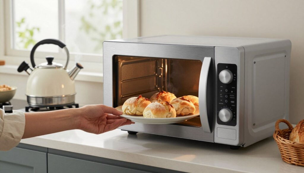 A modern kitchen scene, focusing on an elegant microwave prominently placed on a sleek countertop. In the foreground, a hand gently places a plate of slightly stale bread rolls inside the microwave, showcasing the act of using technology to refresh them. The middle ground features a stylish kettle steaming on the stove, hinting at the use of steam for rejuvenating the bread. Soft, warm lighting pours in from a large window in the background, illuminating pristine kitchenware and a rustic bread basket, creating an inviting atmosphere. The overall mood is one of convenience and efficiency, emphasizing the innovative approach to refreshing baked goods. The angle is slightly tilted to capture both the microwave and the steaming kettle, drawing attention to the culinary process involved. A modern kitchen scene, focusing on an elegant microwave prominently placed on a sleek countertop. In the foreground, a hand gently places a plate of slightly stale bread rolls inside the microwave, showcasing the act of using technology to refresh them. The middle ground features a stylish kettle steaming on the stove, hinting at the use of steam for rejuvenating the bread. Soft, warm lighting pours in from a large window in the background, illuminating pristine kitchenware and a rustic bread basket, creating an inviting atmosphere. The overall mood is one of convenience and efficiency, emphasizing the innovative approach to refreshing baked goods. The angle is slightly tilted to capture both the microwave and the steaming kettle, drawing attention to the culinary process involved.