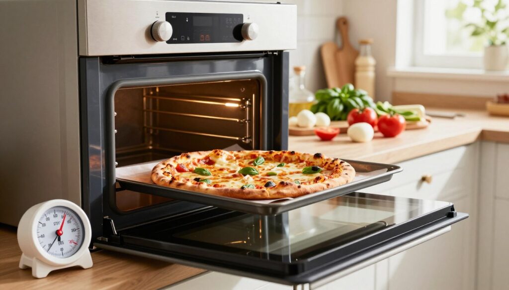 A modern kitchen scene with a sleek oven prominently displayed, doors opened to reveal a perfectly baked, golden-brown pizza with crispy edges. In the foreground, a timer and a temperature gauge indicate the ideal settings for baking pizza, showing high heat, around 475°F (245°C). The middle ground features ingredients like fresh basil, mozzarella, and vibrant tomatoes scattered artfully, conveying a sense of freshness. The background captures a well-lit, tidy kitchen with warm, inviting colors, highlighting the atmosphere of culinary delight. Soft, natural lighting streams in from a nearby window, casting a warm glow over the scene, while the focus is sharp on the oven and pizza, creating an appetizing and inviting mood. A modern kitchen scene with a sleek oven prominently displayed, doors opened to reveal a perfectly baked, golden-brown pizza with crispy edges. In the foreground, a timer and a temperature gauge indicate the ideal settings for baking pizza, showing high heat, around 475°F (245°C). The middle ground features ingredients like fresh basil, mozzarella, and vibrant tomatoes scattered artfully, conveying a sense of freshness. The background captures a well-lit, tidy kitchen with warm, inviting colors, highlighting the atmosphere of culinary delight. Soft, natural lighting streams in from a nearby window, casting a warm glow over the scene, while the focus is sharp on the oven and pizza, creating an appetizing and inviting mood.