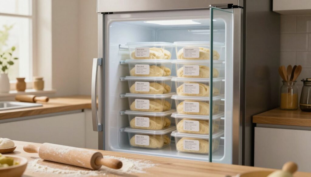 A modern kitchen setting featuring a clear glass refrigerator, partially opened to reveal neatly stacked containers of pizza dough, each labeled with dates and instructions for freezing. The foreground showcases a wooden countertop with a rolling pin and flour scattered, indicating preparation for pizza-making. In the middle, the refrigerator stands brightly lit, emphasizing the organized storage of dough. The background includes a cozy kitchen ambiance with soft, warm light filtering through a window, casting gentle shadows. The image captures a sense of convenience and practicality, aimed at illustrating effective food storage methods for pizza dough. The overall mood is inviting and informative, perfect for a cooking context, with no people present to maintain focus on the subject. A modern kitchen setting featuring a clear glass refrigerator, partially opened to reveal neatly stacked containers of pizza dough, each labeled with dates and instructions for freezing. The foreground showcases a wooden countertop with a rolling pin and flour scattered, indicating preparation for pizza-making. In the middle, the refrigerator stands brightly lit, emphasizing the organized storage of dough. The background includes a cozy kitchen ambiance with soft, warm light filtering through a window, casting gentle shadows. The image captures a sense of convenience and practicality, aimed at illustrating effective food storage methods for pizza dough. The overall mood is inviting and informative, perfect for a cooking context, with no people present to maintain focus on the subject.