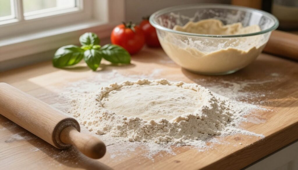 A rustic kitchen countertop is covered with a mound of high-quality pizza flour, dusted lightly to emphasize its texture. In the foreground, a wooden rolling pin rests beside the flour, suggesting it's ready to shape dough for a thin, crispy crust. The middle ground features a mixing bowl filled with dough, slightly sticky, glistening under soft, warm lighting. Fresh basil leaves and ripe tomatoes can be seen in the background, hinting at the pizza's fresh ingredients. The scene is lit with natural light streaming through a nearby window, casting delicate shadows, evoking a cozy and inviting atmosphere perfect for home cooking. The overall mood is warm and inviting, showcasing the essential ingredient for a perfect thin-crust pizza without any distractions or text. A rustic kitchen countertop is covered with a mound of high-quality pizza flour, dusted lightly to emphasize its texture. In the foreground, a wooden rolling pin rests beside the flour, suggesting it's ready to shape dough for a thin, crispy crust. The middle ground features a mixing bowl filled with dough, slightly sticky, glistening under soft, warm lighting. Fresh basil leaves and ripe tomatoes can be seen in the background, hinting at the pizza's fresh ingredients. The scene is lit with natural light streaming through a nearby window, casting delicate shadows, evoking a cozy and inviting atmosphere perfect for home cooking. The overall mood is warm and inviting, showcasing the essential ingredient for a perfect thin-crust pizza without any distractions or text.