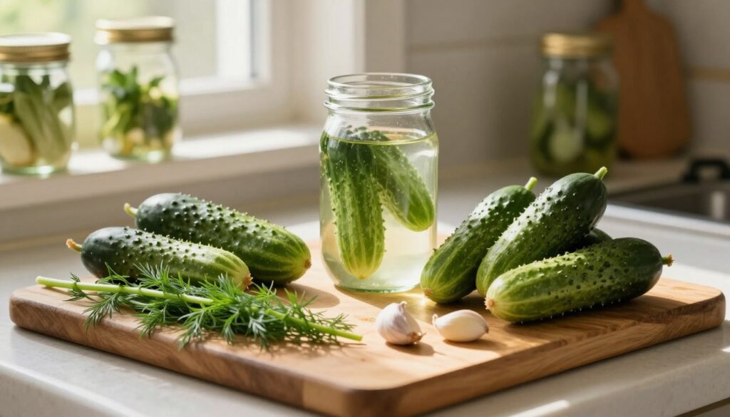 A rustic kitchen countertop with a variety of fresh cucumbers ideal for pickling, showcasing several green cucumbers with smooth skin, firm texture, and a few with unique shapes to represent diversity. In the foreground, a wooden cutting board holds a handful of dill sprigs and garlic cloves, essential ingredients for the pickling process. The middle ground displays a glass jar half-filled with brine, emphasizing the pickling theme. The background features softly blurred kitchen elements like mason jars and vegetables, illuminated by warm, natural sunlight streaming through a window, creating an inviting atmosphere. The overall mood is fresh and homey, evoking the essence of preparing for a flavorful pickling experience. A rustic kitchen countertop with a variety of fresh cucumbers ideal for pickling, showcasing several green cucumbers with smooth skin, firm texture, and a few with unique shapes to represent diversity. In the foreground, a wooden cutting board holds a handful of dill sprigs and garlic cloves, essential ingredients for the pickling process. The middle ground displays a glass jar half-filled with brine, emphasizing the pickling theme. The background features softly blurred kitchen elements like mason jars and vegetables, illuminated by warm, natural sunlight streaming through a window, creating an inviting atmosphere. The overall mood is fresh and homey, evoking the essence of preparing for a flavorful pickling experience.