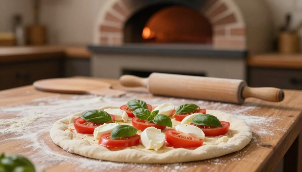 A rustic kitchen scene showcasing an uncooked pizza made with unrisen dough. In the foreground, a close-up view of the pizza base, smooth and slightly uneven, with minimal toppings like fresh tomatoes, mozzarella cheese, and basil leaves, arranged artfully yet sparsely to highlight the dough's texture. In the middle, a wooden pizza peel rests on a wooden countertop dusted with flour, and a rolling pin nearby. The background features a brick pizza oven, gently glowing, creating a warm atmosphere with soft, diffused lighting. The overall mood is cozy and inviting, emphasizing the unique characteristics of baking with unrisen dough, capturing the essence of the taste and texture that will emerge from the oven.