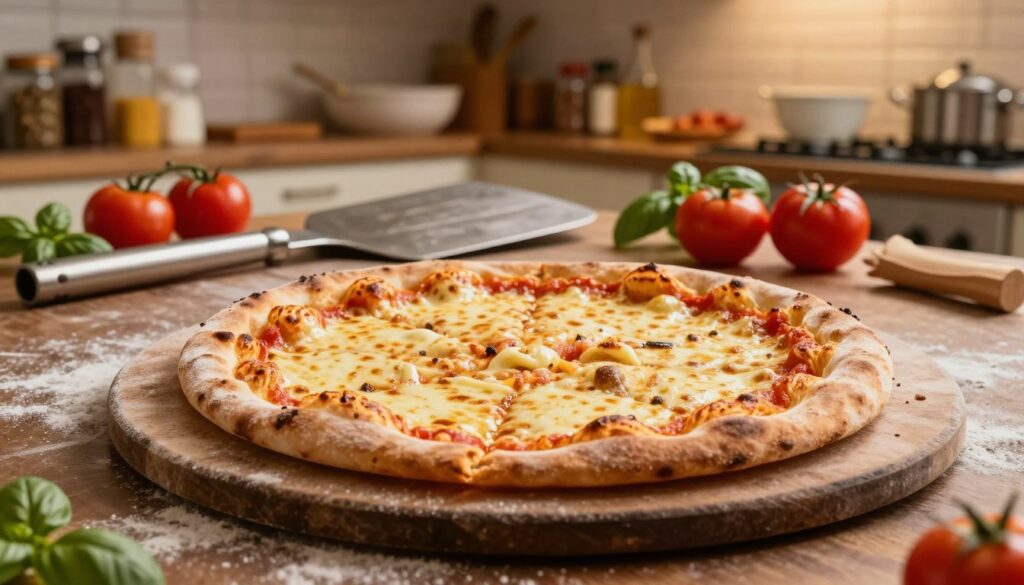 A rustic kitchen setting featuring a traditional pizza stone prominently in the foreground, displaying a deliciously cooked pizza with golden crust and bubbling cheese. The pizza stone showcases texture, with slight flour residue, emphasizing its use in creating that perfect crust. In the middle ground, a stainless steel pizza peel rests beside the stone, and a few fresh ingredients like vibrant tomatoes and aromatic basil are artistically scattered. The background reveals a cozy kitchen atmosphere with warm, inviting lighting, highlighting wooden shelves filled with spices and kitchenware. The overall mood is warm and inviting, ideal for portraying a culinary experience. The image is captured from a slightly elevated angle, focusing on the textured surface of the pizza stone and the golden-brown pizza, creating a mouthwatering visual. A rustic kitchen setting featuring a traditional pizza stone prominently in the foreground, displaying a deliciously cooked pizza with golden crust and bubbling cheese. The pizza stone showcases texture, with slight flour residue, emphasizing its use in creating that perfect crust. In the middle ground, a stainless steel pizza peel rests beside the stone, and a few fresh ingredients like vibrant tomatoes and aromatic basil are artistically scattered. The background reveals a cozy kitchen atmosphere with warm, inviting lighting, highlighting wooden shelves filled with spices and kitchenware. The overall mood is warm and inviting, ideal for portraying a culinary experience. The image is captured from a slightly elevated angle, focusing on the textured surface of the pizza stone and the golden-brown pizza, creating a mouthwatering visual.