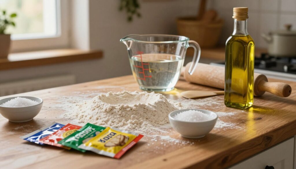 A rustic wooden kitchen countertop filled with essential ingredients for pizza dough: a mound of flour dusted lightly with a soft glow, in the foreground vibrant packets of fresh yeast, a small bowl of coarse sea salt, and a container of extra virgin olive oil placed elegantly. In the middle, a glass measuring cup filled with clear water reflects the warm lighting, while a rolling pin and dough scraper hint at the preparation process. In the background, subtle hints of a cozy kitchen environment are visible, such as a window letting in soft, natural light and herbs hanging subtly. The atmosphere is inviting and homey, echoing the joy of cooking from scratch, with soft focus to create a warm, nostalgic mood. A rustic wooden kitchen countertop filled with essential ingredients for pizza dough: a mound of flour dusted lightly with a soft glow, in the foreground vibrant packets of fresh yeast, a small bowl of coarse sea salt, and a container of extra virgin olive oil placed elegantly. In the middle, a glass measuring cup filled with clear water reflects the warm lighting, while a rolling pin and dough scraper hint at the preparation process. In the background, subtle hints of a cozy kitchen environment are visible, such as a window letting in soft, natural light and herbs hanging subtly. The atmosphere is inviting and homey, echoing the joy of cooking from scratch, with soft focus to create a warm, nostalgic mood.