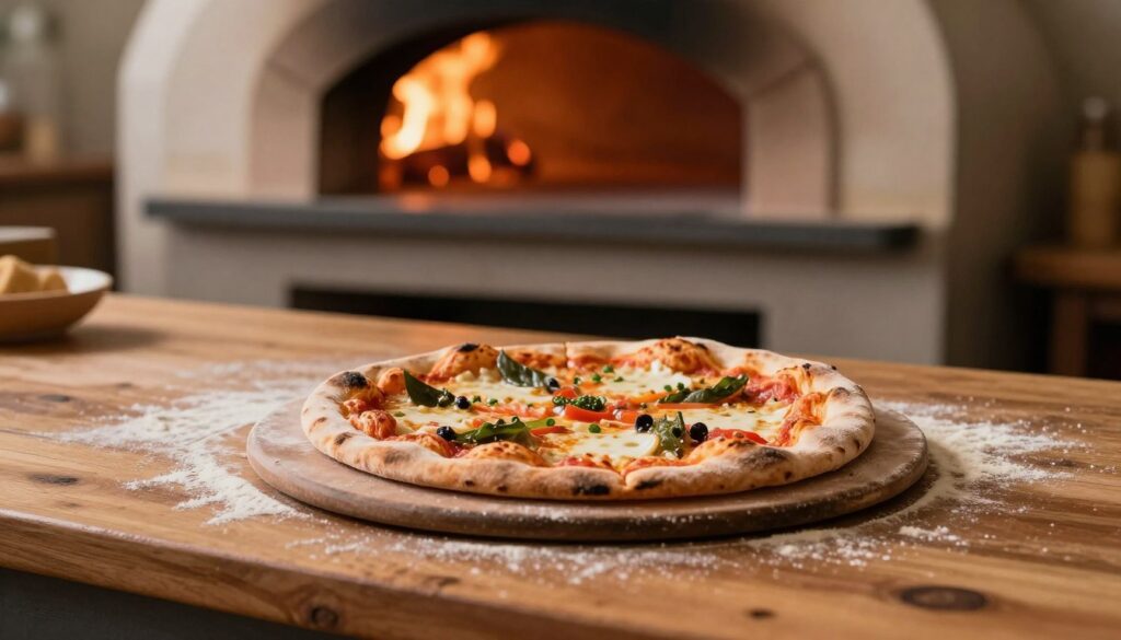 A rustic wooden kitchen countertop serves as the foreground, topped with a traditional pizza stone, slightly dusted with flour. In the middle, a freshly made pizza sits on the stone, vibrant with colorful toppings and cheese bubbling, ready to be baked. The background features a warm, inviting pizza oven, with glowing embers visible, casting a soft, warm light over the scene. The atmosphere is cozy and appetizing, evoking the essence of homemade pizza. The camera angle is slightly above eye level, focusing on the pizza stone and the oven, with a wide aperture to softly blur the background details, creating a depth that highlights the stone as the central element. The overall mood is inviting and culinary-focused, perfect for illustrating the art of pizza baking.