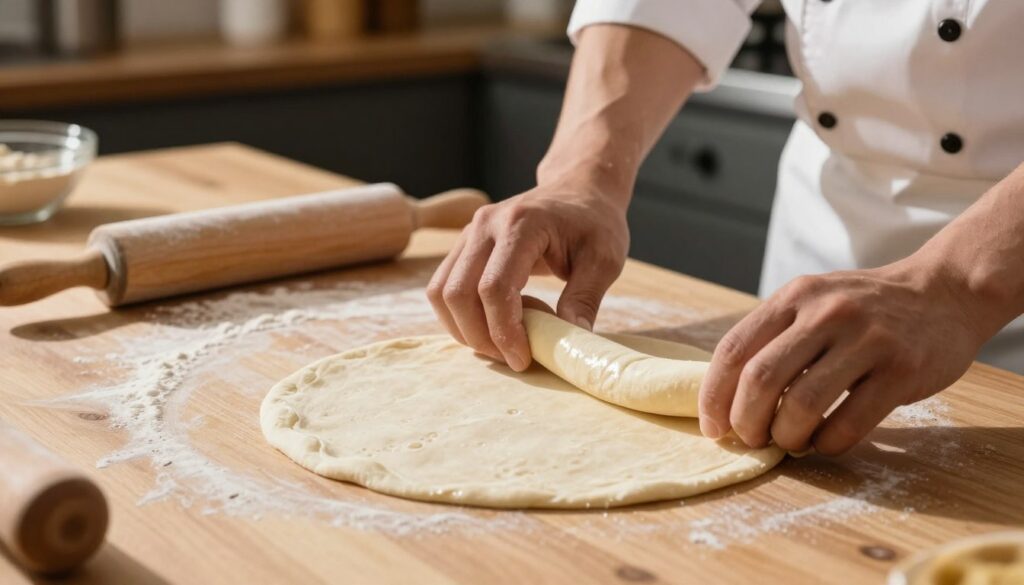 A skilled chef expertly shapes a thin pizza dough on a clean wooden countertop, emphasizing the technique of forming a perfect base for pizza. The foreground shows the chef's hands gently stretching the dough, showcasing its elasticity and thinness, with subtle air bubbles visible for texture. In the middle, a rolling pin and flour dusted lightly on the surface suggest preparation, while a backdrop of a cozy, warm kitchen creates an inviting atmosphere. Soft, natural light floods the scene, casting gentle shadows and highlighting the dough's gleam. The composition should evoke a sense of craft and warmth, inviting viewers to appreciate the art of pizza-making. A skilled chef expertly shapes a thin pizza dough on a clean wooden countertop, emphasizing the technique of forming a perfect base for pizza. The foreground shows the chef's hands gently stretching the dough, showcasing its elasticity and thinness, with subtle air bubbles visible for texture. In the middle, a rolling pin and flour dusted lightly on the surface suggest preparation, while a backdrop of a cozy, warm kitchen creates an inviting atmosphere. Soft, natural light floods the scene, casting gentle shadows and highlighting the dough's gleam. The composition should evoke a sense of craft and warmth, inviting viewers to appreciate the art of pizza-making.