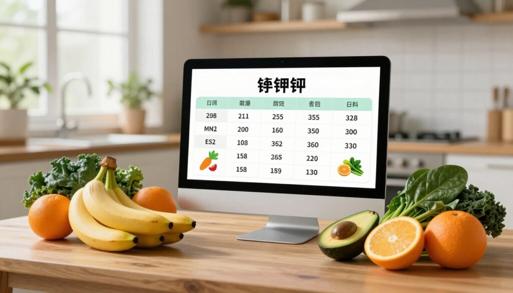 A split scene depicting daily potassium intake illustrated through vibrant foods rich in potassium. In the foreground, a wooden table adorned with a variety of colorful fruits like bananas, avocados, and oranges, alongside leafy greens such as spinach and kale. The middle ground features a digital display or chart showing daily potassium requirements, filled with numerical values and visuals of food. The background is a softly blurred kitchen setting with natural light streaming through a window, adding a warm, inviting atmosphere. The overall mood is balanced and informative, creating a visual guide for healthy eating. The focus is clear on the foods and their significance for daily potassium intake.