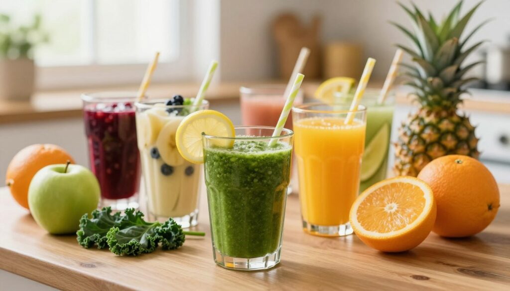 A vibrant and appealing image of various colorful fruit juices and smoothies arranged on a wooden table. In the foreground, showcase a glass of vibrant green smoothie made from spinach, kale, and green apples, garnished with a slice of lemon. Next to it, a refreshing orange juice in a clear glass with a straw, surrounded by whole oranges. In the middle ground, include a few more glasses, each with different fruits – such as berries, bananas, and pineapples – presenting a healthy assortment. The background features a soft-focus kitchen environment with natural light streaming through a window, creating a warm and inviting atmosphere. Use a shallow depth of field to highlight the juices while softly blurring the background, evoking a sense of health and vitality.