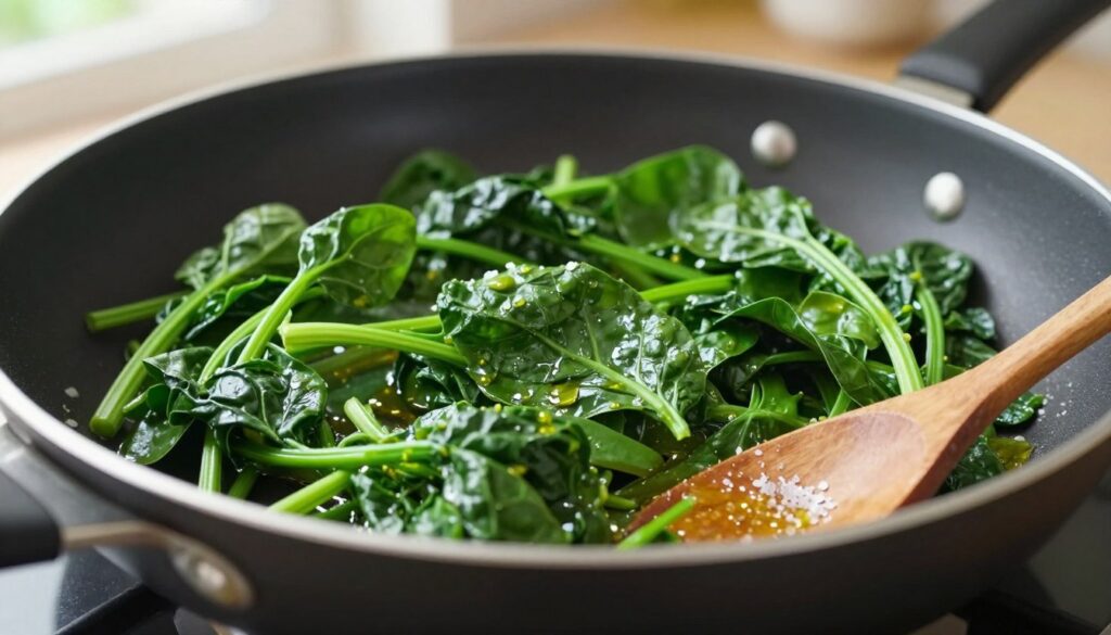 A vibrant and detailed close-up of sautéed frozen spinach on a sleek black frying pan. The spinach should appear bright green and fresh, with a slight sheen from the olive oil, showcasing perfectly cooked, tender leaves. In the foreground, include a wooden spoon resting against the pan, with a sprinkle of sea salt and a hint of garlic in the scene. In the middle, emphasize the texture of the spinach, capturing the moisture without appearing watery. The background should be softly blurred, showing a warm, inviting kitchen with natural light streaming in through a window, creating a cozy atmosphere. The overall mood should be appetizing and inviting, encouraging viewers to imagine the deliciousness of the dish. A vibrant and detailed close-up of sautéed frozen spinach on a sleek black frying pan. The spinach should appear bright green and fresh, with a slight sheen from the olive oil, showcasing perfectly cooked, tender leaves. In the foreground, include a wooden spoon resting against the pan, with a sprinkle of sea salt and a hint of garlic in the scene. In the middle, emphasize the texture of the spinach, capturing the moisture without appearing watery. The background should be softly blurred, showing a warm, inviting kitchen with natural light streaming in through a window, creating a cozy atmosphere. The overall mood should be appetizing and inviting, encouraging viewers to imagine the deliciousness of the dish.