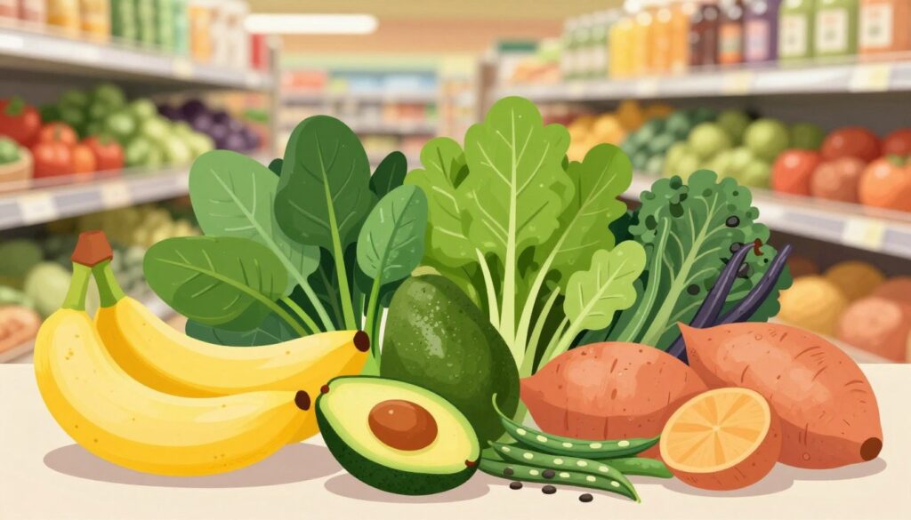 A vibrant and detailed illustration of various potassium-rich foods arranged in an appealing display. In the foreground, include prominently featured ripe bananas, avocados, and sweet potatoes, showcasing their textures and natural colors. The middle ground should display a colorful assortment of leafy greens like spinach and kale, along with legumes like beans and lentils. In the background, depict a blurred grocery store aisle filled with fresh produce, softly illuminated by warm, inviting lighting to create a friendly shopping atmosphere. The scene should evoke a sense of health and wellness, encouraging viewers to embrace a potassium-rich diet. Use a shallow depth of field to focus on the foods, while maintaining a bright and cheerful tone throughout the image.