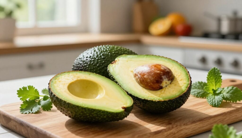 A vibrant and detailed scene featuring a freshly cut avocado on a wooden cutting board. In the foreground, the avocado halves showcase their rich green flesh and glossy texture, with a gleaming pit nestled in one half. Surrounding the avocado are scattered fresh herbs like cilantro and mint, adding pops of green. In the middle ground, a soft-focus background includes a rustic kitchen setting with natural light streaming in through a window, casting gentle shadows. A few other low-calorie fruits, such as berries and citrus, are subtly placed to imply healthy choices. The atmosphere is warm and inviting, conveying a sense of health and nourishment. The image should have a slight depth of field to emphasize the avocado while softly blurring the background.