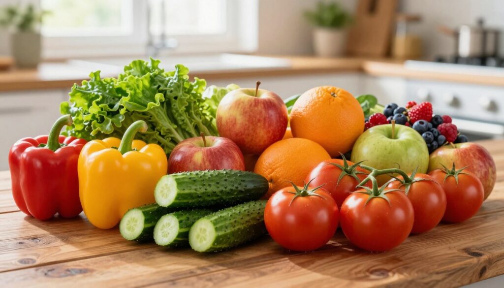A vibrant and visually appealing still life arrangement featuring an array of fresh vegetables and fruits. In the foreground, display colorful bell peppers, crisp cucumbers, ripe tomatoes, and leafy greens, artfully arranged on a rustic wooden table. In the middle ground, include a variety of fruits such as apples, oranges, and berries, showcasing their vivid colors and textures. The background should feature a softly blurred kitchen setting with natural light streaming in from a window, creating a warm and inviting atmosphere. Capture the scene from a slightly elevated angle, emphasizing the textures and colors of the produce while ensuring it conveys a healthy and nutritious lifestyle. The mood should feel fresh, energetic, and inspiring, reflecting the importance of incorporating vegetables and fruits into daily meals. A vibrant and visually appealing still life arrangement featuring an array of fresh vegetables and fruits. In the foreground, display colorful bell peppers, crisp cucumbers, ripe tomatoes, and leafy greens, artfully arranged on a rustic wooden table. In the middle ground, include a variety of fruits such as apples, oranges, and berries, showcasing their vivid colors and textures. The background should feature a softly blurred kitchen setting with natural light streaming in from a window, creating a warm and inviting atmosphere. Capture the scene from a slightly elevated angle, emphasizing the textures and colors of the produce while ensuring it conveys a healthy and nutritious lifestyle. The mood should feel fresh, energetic, and inspiring, reflecting the importance of incorporating vegetables and fruits into daily meals.