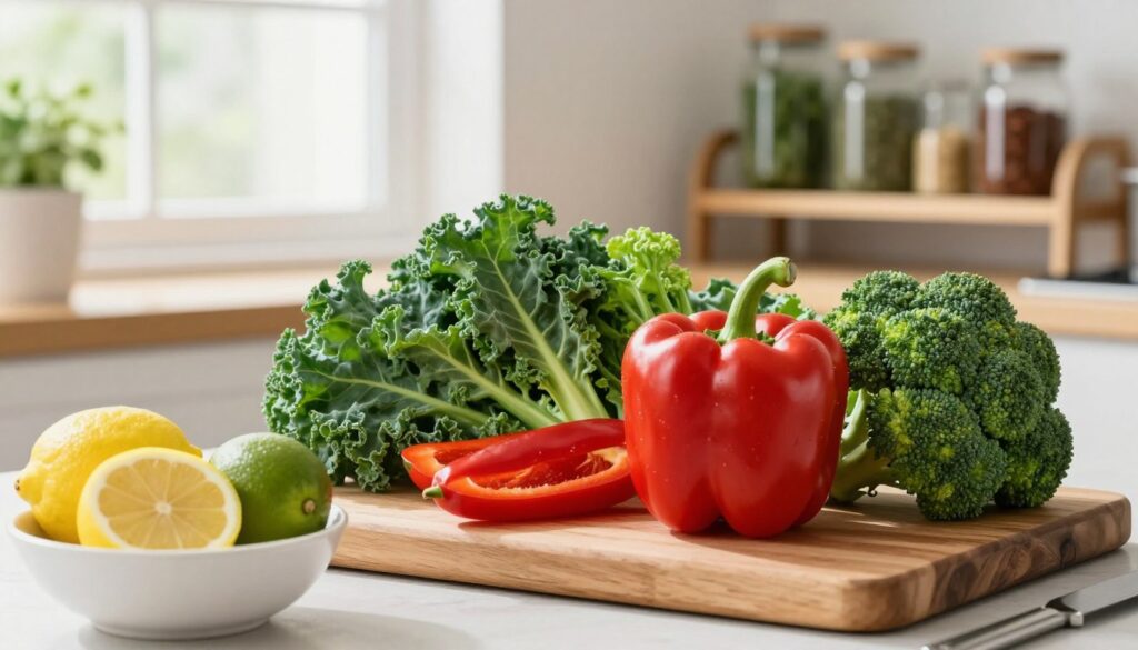 A vibrant arrangement of fresh vegetables showcasing the rich sources of Vitamin C, including bright red bell peppers, dark green kale, and lush broccoli, artistically displayed on a wooden cutting board. In the foreground, a small bowl of cut lemons and limes adds a pop of citrus color. The middle ground features a light, airy kitchen with soft, natural light streaming in through a window, highlighting the textures of the vegetables. In the background, a simple, rustic shelf holds jars filled with herbs and spices. The atmosphere is fresh and inviting, encouraging healthy cooking and storage practices. A shallow depth of field focuses on the vibrant colors and details of the produce, creating an appealing and educational visual. A vibrant arrangement of fresh vegetables showcasing the rich sources of Vitamin C, including bright red bell peppers, dark green kale, and lush broccoli, artistically displayed on a wooden cutting board. In the foreground, a small bowl of cut lemons and limes adds a pop of citrus color. The middle ground features a light, airy kitchen with soft, natural light streaming in through a window, highlighting the textures of the vegetables. In the background, a simple, rustic shelf holds jars filled with herbs and spices. The atmosphere is fresh and inviting, encouraging healthy cooking and storage practices. A shallow depth of field focuses on the vibrant colors and details of the produce, creating an appealing and educational visual.