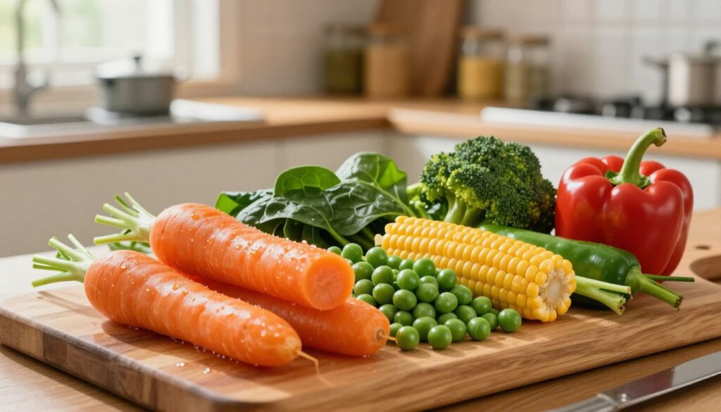 A vibrant arrangement of various vegetables suitable for freezing, showcasing a colorful selection of carrots, peas, corn, broccoli, spinach, and bell peppers. The foreground features a wooden cutting board stacked with freshly washed and prepared vegetables, cut into bite-sized pieces, glistening with a light sheen of water. In the middle, a rustic kitchen counter illuminated by warm, natural light coming from a nearby window, hinting at a cozy, homely atmosphere. The background is softly blurred, with hints of a kitchen setting, including a small pot and jars for storage. The overall mood is inviting and fresh, emphasizing the healthiness and convenience of frozen vegetables, perfect for home cooking. A vibrant arrangement of various vegetables suitable for freezing, showcasing a colorful selection of carrots, peas, corn, broccoli, spinach, and bell peppers. The foreground features a wooden cutting board stacked with freshly washed and prepared vegetables, cut into bite-sized pieces, glistening with a light sheen of water. In the middle, a rustic kitchen counter illuminated by warm, natural light coming from a nearby window, hinting at a cozy, homely atmosphere. The background is softly blurred, with hints of a kitchen setting, including a small pot and jars for storage. The overall mood is inviting and fresh, emphasizing the healthiness and convenience of frozen vegetables, perfect for home cooking.