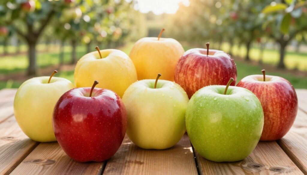 A vibrant assortment of apple varieties arranged on a rustic wooden table, showcasing their unique colors and sizes. In the foreground, a glossy red apple and a bright green Granny Smith apple glisten under soft, natural lighting, emphasizing their textures. The middle ground features more apple types, such as golden yellow and striped red varieties, creating a beautiful contrast. In the background, a blurred orchard scene with lush apple trees bathed in afternoon sunlight evokes a sense of freshness and vitality. The scene conveys a warm, inviting atmosphere, perfect for illustrating the nutritional differences among apple varieties. The focus should be on the apples, with no people or text present. A vibrant assortment of apple varieties arranged on a rustic wooden table, showcasing their unique colors and sizes. In the foreground, a glossy red apple and a bright green Granny Smith apple glisten under soft, natural lighting, emphasizing their textures. The middle ground features more apple types, such as golden yellow and striped red varieties, creating a beautiful contrast. In the background, a blurred orchard scene with lush apple trees bathed in afternoon sunlight evokes a sense of freshness and vitality. The scene conveys a warm, inviting atmosphere, perfect for illustrating the nutritional differences among apple varieties. The focus should be on the apples, with no people or text present.