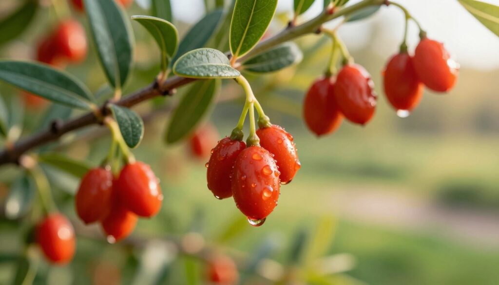 A vibrant, close-up image of Goji berries (Lycium barbarum) hanging from lush green branches, set against a softly blurred background of a natural landscape. The foreground showcases glistening red berries, with droplets of dew enhancing their freshness and vitality. The lighting is warm and soft, casting a gentle glow on the berries, highlighting their textured surface and rich color. The middle ground features verdant leaves, intricately detailed to add depth and texture, while the background blurs into a serene, sunny garden, evoking a sense of tranquility and abundance. The overall mood is inviting and wholesome, capturing the essence of healthy, natural foods. A vibrant, close-up image of Goji berries (Lycium barbarum) hanging from lush green branches, set against a softly blurred background of a natural landscape. The foreground showcases glistening red berries, with droplets of dew enhancing their freshness and vitality. The lighting is warm and soft, casting a gentle glow on the berries, highlighting their textured surface and rich color. The middle ground features verdant leaves, intricately detailed to add depth and texture, while the background blurs into a serene, sunny garden, evoking a sense of tranquility and abundance. The overall mood is inviting and wholesome, capturing the essence of healthy, natural foods.