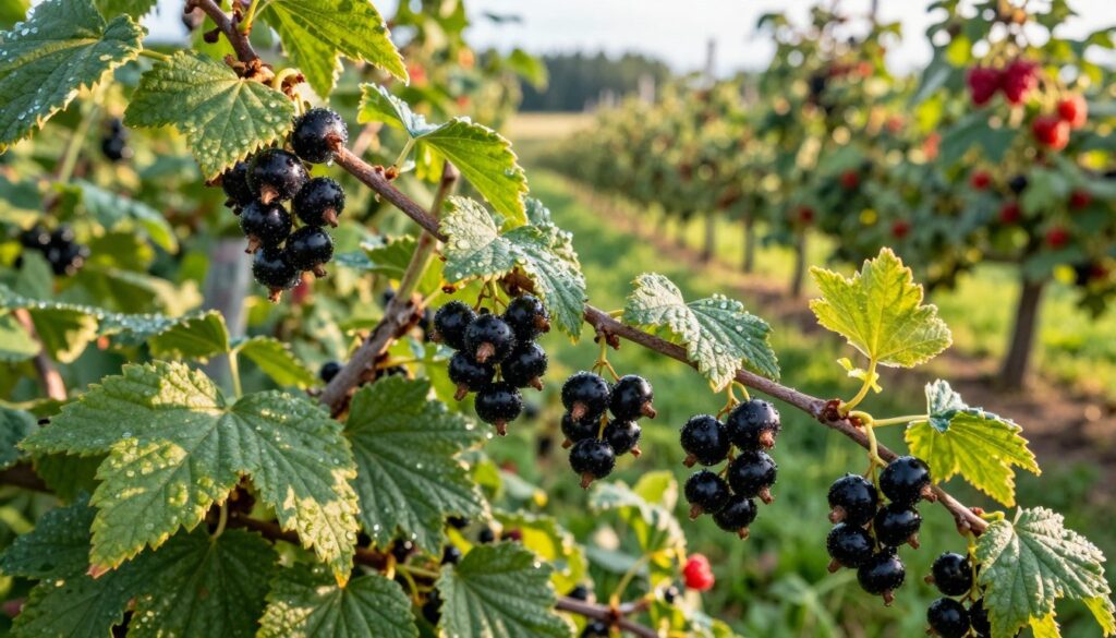 A vibrant close-up of a bush laden with ripe blackcurrants, also known as "porzeczki," nestled among lush green leaves. The berries gleam with morning dew, reflecting soft sunlight that filters through the foliage, giving a warm and inviting glow. In the foreground, a few clusters of berries are prominently displayed, showcasing their deep black color and smooth texture. The middle ground features more branches of the currant bush, subtly blurred to add depth. In the background, a picturesque, sunlit orchard with other berry bushes like raspberries and strawberries, contributing to the serene, pastoral atmosphere of a Polish garden in summer. The scene conveys a sense of abundance and freshness, ideal for an article about seasonal fruits.