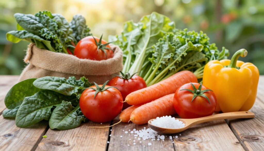 A vibrant collection of fresh vegetables on a rustic wooden table, prominently featuring a variety of leafy greens, such as spinach, kale, and Swiss chard, intermingled with bright red tomatoes, orange carrots, and yellow bell peppers. In the foreground, a handful of sea salt crystals representing "natural sodium" rest on a wooden spoon, glistening under soft, warm natural light to emphasize texture. The middle ground showcases a burlap sack filled with additional vegetables, while the background fades into a blurred garden setting, lush with green hues and gentle sunlight filtering through the leaves, creating a peaceful and wholesome atmosphere. The focus is sharp on the vegetables, capturing their freshness and vitality. A vibrant collection of fresh vegetables on a rustic wooden table, prominently featuring a variety of leafy greens, such as spinach, kale, and Swiss chard, intermingled with bright red tomatoes, orange carrots, and yellow bell peppers. In the foreground, a handful of sea salt crystals representing "natural sodium" rest on a wooden spoon, glistening under soft, warm natural light to emphasize texture. The middle ground showcases a burlap sack filled with additional vegetables, while the background fades into a blurred garden setting, lush with green hues and gentle sunlight filtering through the leaves, creating a peaceful and wholesome atmosphere. The focus is sharp on the vegetables, capturing their freshness and vitality.