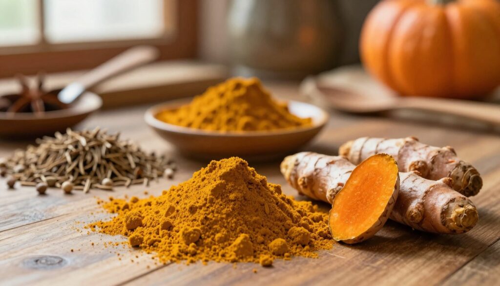 A vibrant composition featuring turmeric as the central element, showcasing its distinct golden-yellow color and textured surface. In the foreground, a small pile of finely ground turmeric powder is presented alongside whole turmeric roots with bright orange flesh and textured skin. The middle ground transitions to an elegant arrangement of spices, including cumin seeds, coriander, and a dish of curry powder, reflecting the article's theme of balancing flavors. In the background, softly blurred, there's a warm, rustic kitchen atmosphere, with wooden surfaces, hints of a pumpkin, and cooking utensils to evoke a sense of oriental culinary tradition. Soft, natural lighting filters through a window, casting warm highlights and creating a cozy, inviting mood, perfect for inspiring culinary creativity. A vibrant composition featuring turmeric as the central element, showcasing its distinct golden-yellow color and textured surface. In the foreground, a small pile of finely ground turmeric powder is presented alongside whole turmeric roots with bright orange flesh and textured skin. The middle ground transitions to an elegant arrangement of spices, including cumin seeds, coriander, and a dish of curry powder, reflecting the article's theme of balancing flavors. In the background, softly blurred, there's a warm, rustic kitchen atmosphere, with wooden surfaces, hints of a pumpkin, and cooking utensils to evoke a sense of oriental culinary tradition. Soft, natural lighting filters through a window, casting warm highlights and creating a cozy, inviting mood, perfect for inspiring culinary creativity.