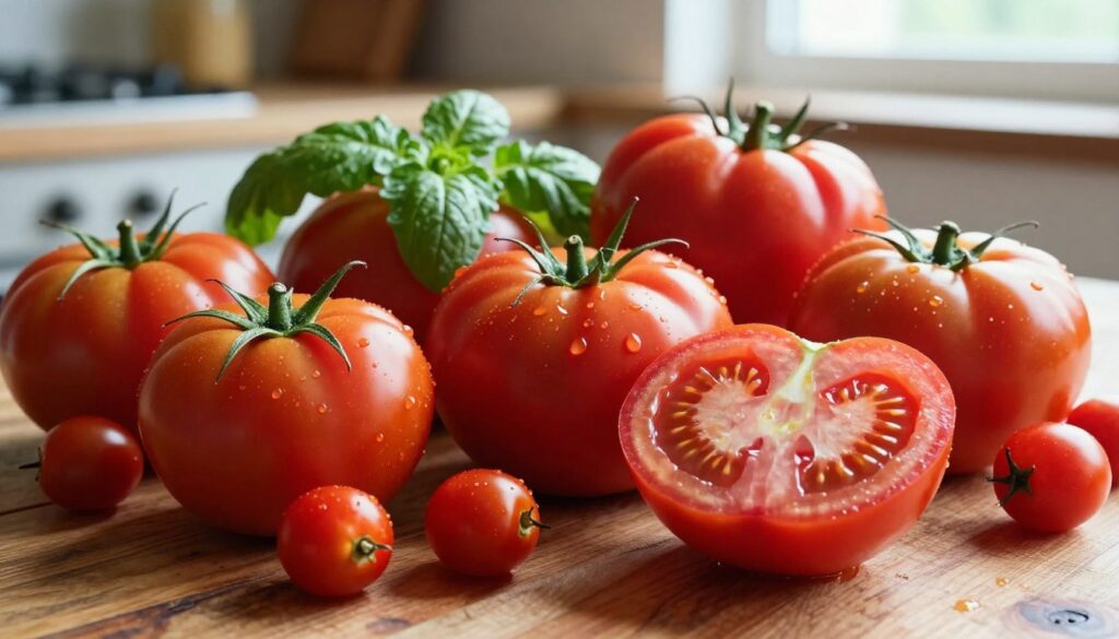 A vibrant display of fresh, plump tomatoes in various varieties—ripe red Roma, juicy beefsteak, and sweet cherry tomatoes—set against a rustic wooden table. In the foreground, a sliced beefsteak tomato reveals its juicy interior, glistening with droplets of water. The middle ground features whole tomatoes with their lush green leaves, highlighting their freshness. The background softly displays a blurred kitchen setting, giving a warm and inviting atmosphere. Soft, natural light filters in from a nearby window, casting gentle shadows that enhance the tomatoes' textures. The scene conveys a sense of abundance and the simple beauty of fresh ingredients ideal for a rich tomato sauce, perfect for pizza. A vibrant display of fresh, plump tomatoes in various varieties—ripe red Roma, juicy beefsteak, and sweet cherry tomatoes—set against a rustic wooden table. In the foreground, a sliced beefsteak tomato reveals its juicy interior, glistening with droplets of water. The middle ground features whole tomatoes with their lush green leaves, highlighting their freshness. The background softly displays a blurred kitchen setting, giving a warm and inviting atmosphere. Soft, natural light filters in from a nearby window, casting gentle shadows that enhance the tomatoes' textures. The scene conveys a sense of abundance and the simple beauty of fresh ingredients ideal for a rich tomato sauce, perfect for pizza.