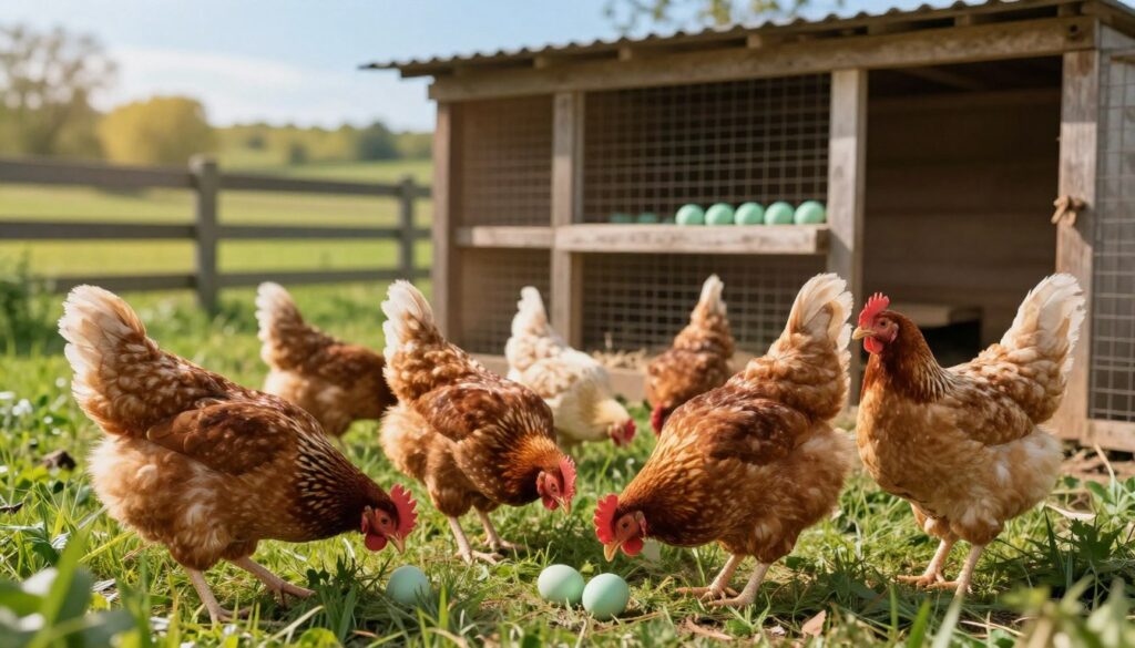 A vibrant farm scene showcasing a variety of chickens known for laying green eggs. In the foreground, a group of healthy, colorful hens, displaying their unique plumage, pecking at the ground in a grassy area. In the middle ground, a rustic chicken coop with a wooden structure and an additional run, surrounded by a fence. The background features a lush green landscape under a clear blue sky with soft, warm sunlight illuminating the scene, creating a cheerful and inviting atmosphere. The focus is on the chickens' characteristics, including their feather colors and the distinctive green eggs nestled in a nesting box. The image should evoke a sense of natural beauty and the wholesome practice of chicken breeding.